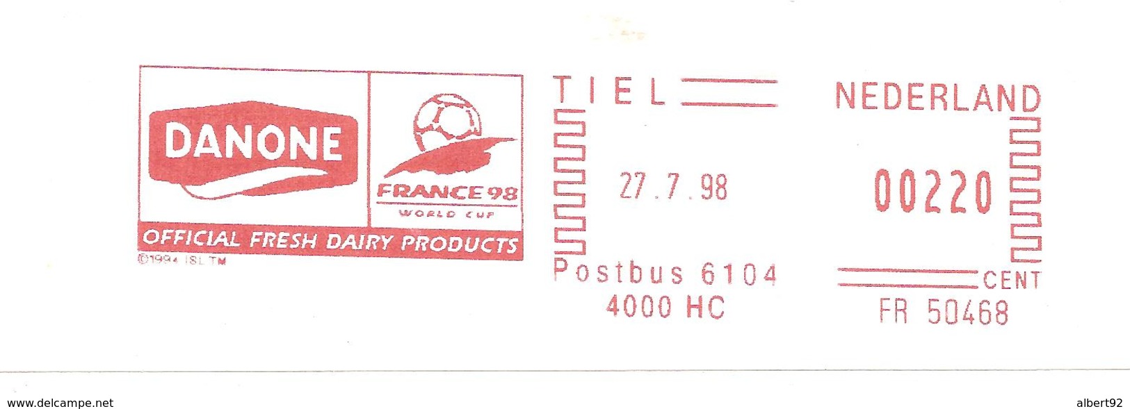 1998  EMA "Danone" Pays-Bas: Sponsor De La Coupe Du Monde De Football En France (n° FR 50468) [étiquette Sur Fragment] - 1998 – France