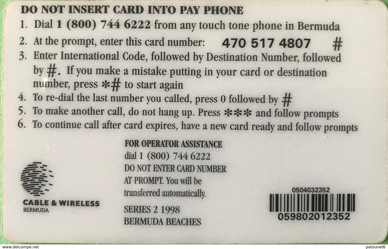 BERMUDES  -  Prepaid  -  Cable & Wireless  -  Plage  -  $ 10 - Bermuda