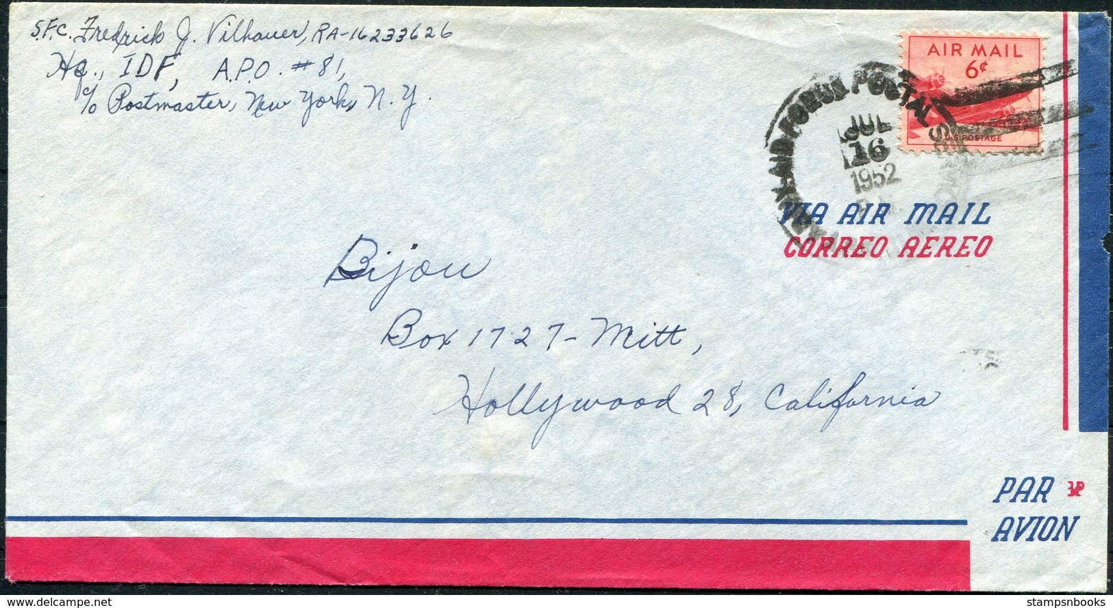 1952 Iceland USA American Base Forces A.P.O. 81, I.D.F. Fieldpost Military Cover - Hollywood - Storia Postale