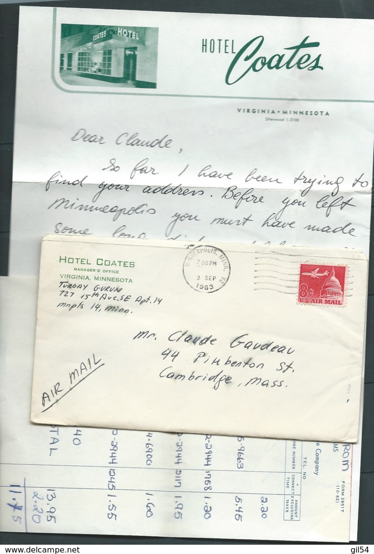 Lettre Entete De L'hotel "Coates "  Virginia - Minnesota  ( Septembre 1963 )  Raa53 - Etats-Unis