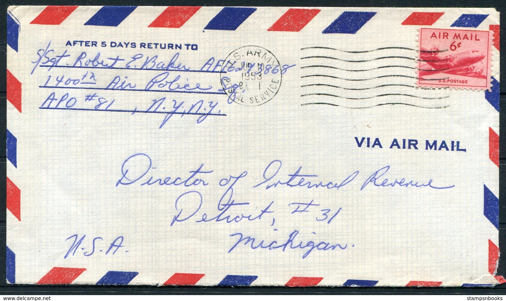 1953 Iceland US Army Postal Service A.P.O. 81 Fieldpost Military Cover - Detroit USA - Storia Postale