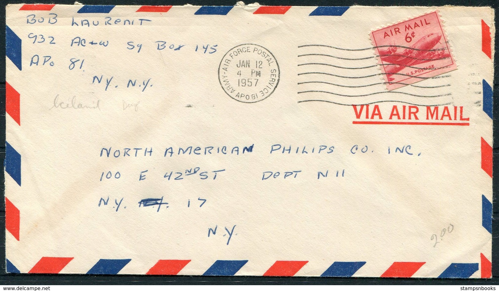 1957 Iceland US Army Air Force Postal Service A.P.O. 81 Fieldpost Military Cover - New York, USA - Brieven En Documenten