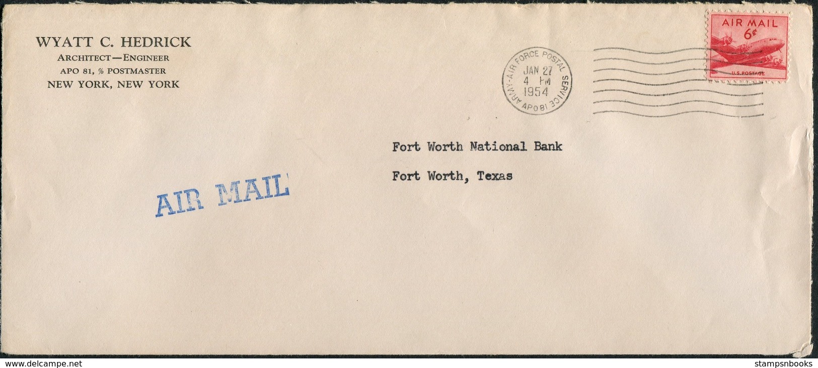 1954 Iceland US Army Air Force Postal Service A.P.O. 81 Fieldpost Keflavik Military Cover - Fort Worth National Bank,USA - Brieven En Documenten