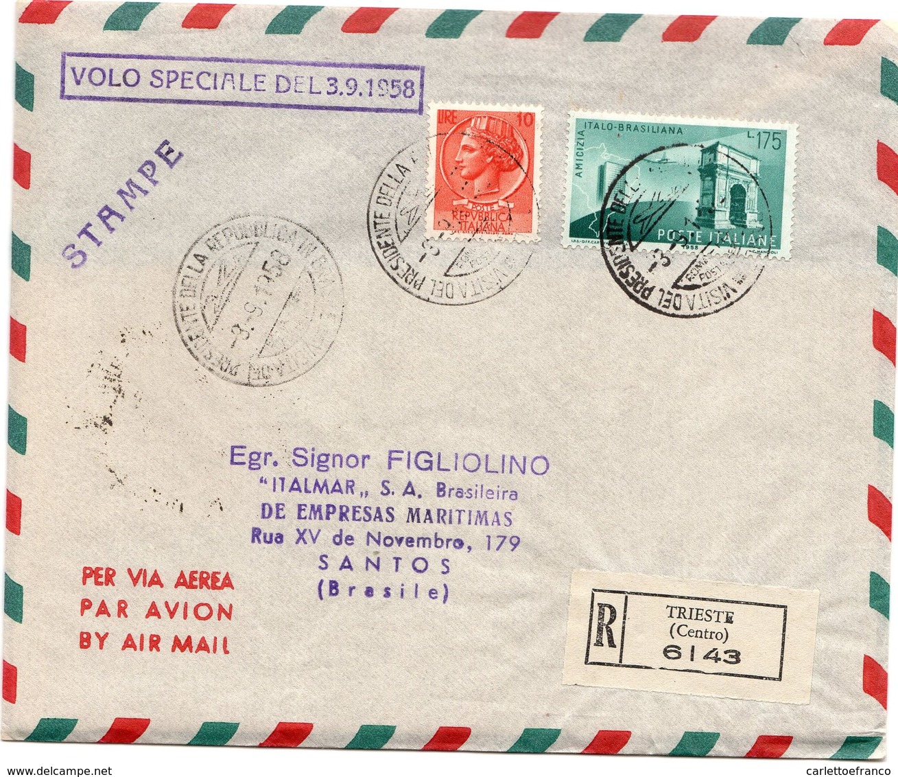 Busta Aerea Raccomandata Volo Speciale 3/9/58 Per Brasile  - Annullo Di Arrivo Al Retro( 227 ) - 1946-60: Storia Postale