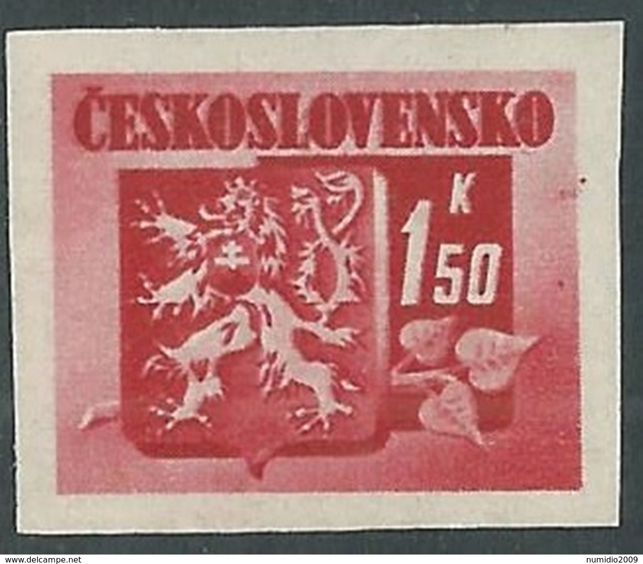 1945 CECOSLOVACCHIA STEMMA E FRONDA DI TIGLIO 1,50 KR MNH ** - RC19-5 - Ongebruikt