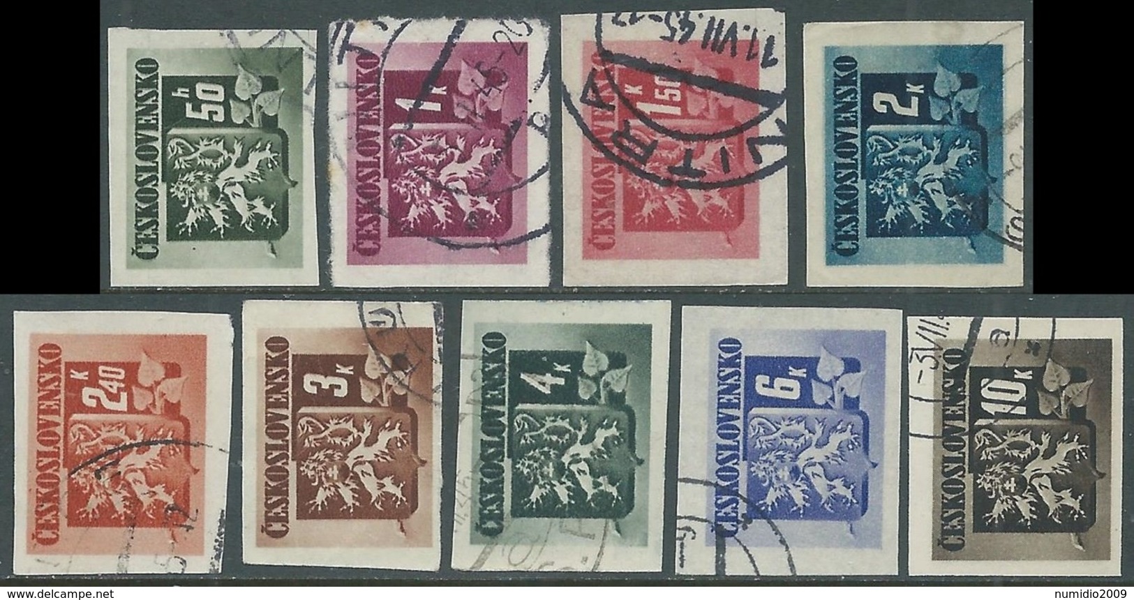 1945 CECOSLOVACCHIA USATO STEMMA E FRONDA DI TIGLIO 9 VALORI - RC22 - Used Stamps