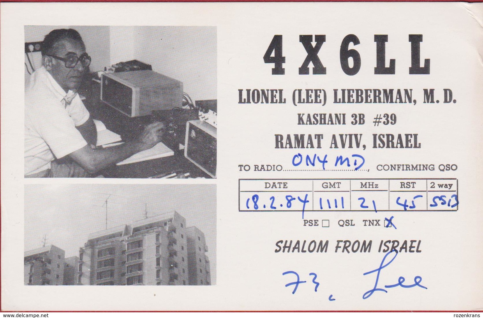 QSL Card Amateur Radio Station CB Funkkarte 1984 Lionel Lieberman Ramat Aviv Israel Kashani 4X6LL - Radio Amateur