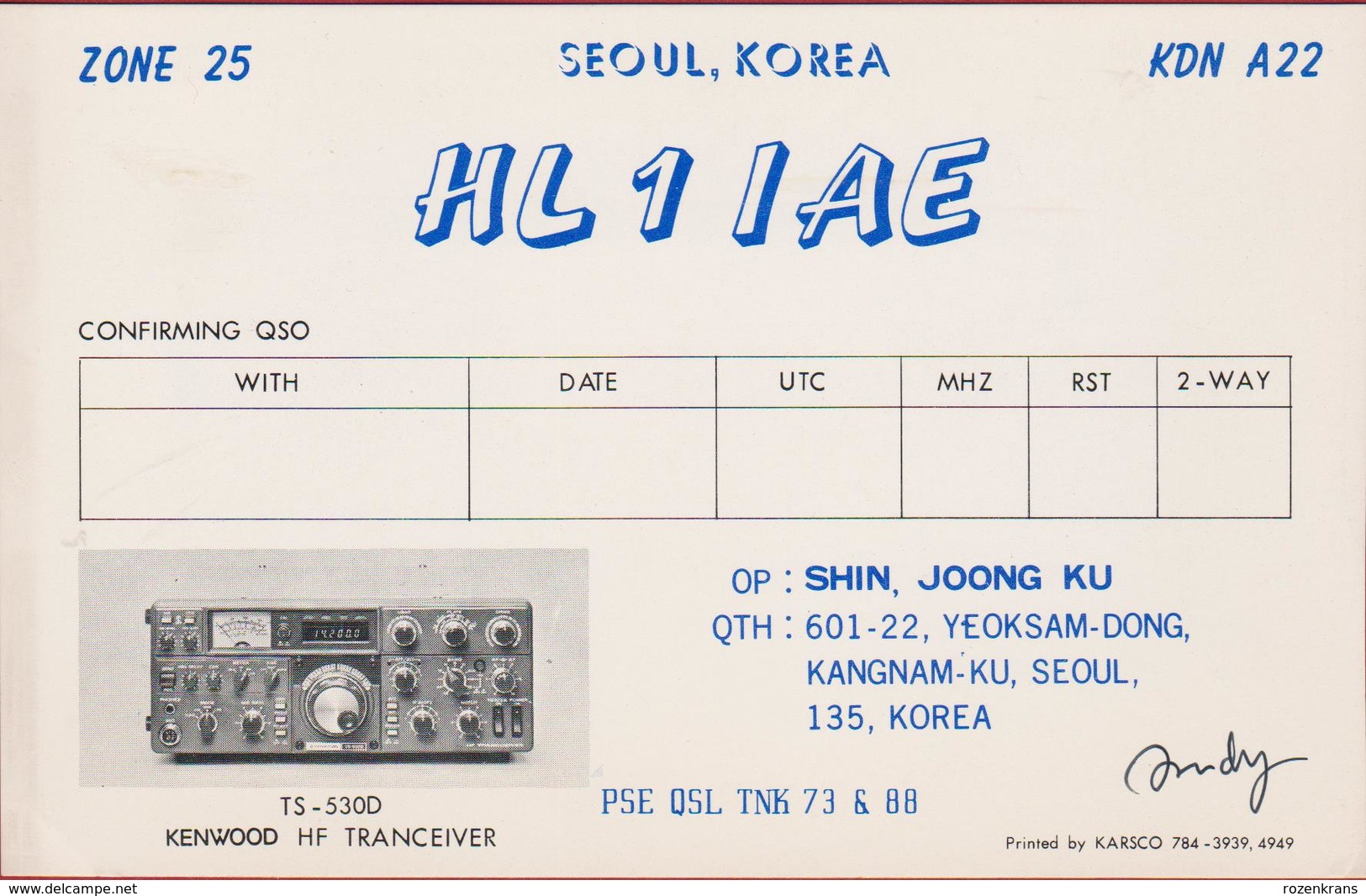 QSL Card Amateur Radio Station CB Funkkarte 1984 Seoul Korea Shin Joong Ku Yeoksam Dong Kangnam Ku Kenwood HF Receiver - Amateurfunk