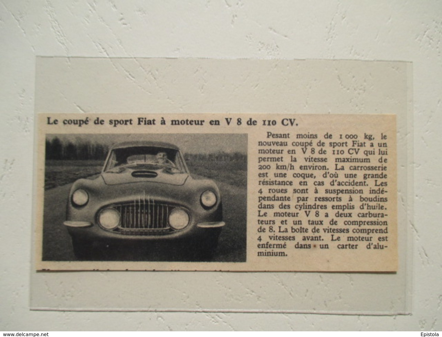 Nouveau Coupé Sport Fiat V8 110 Cv  - Coupure  De Presse De 1953 - Voitures