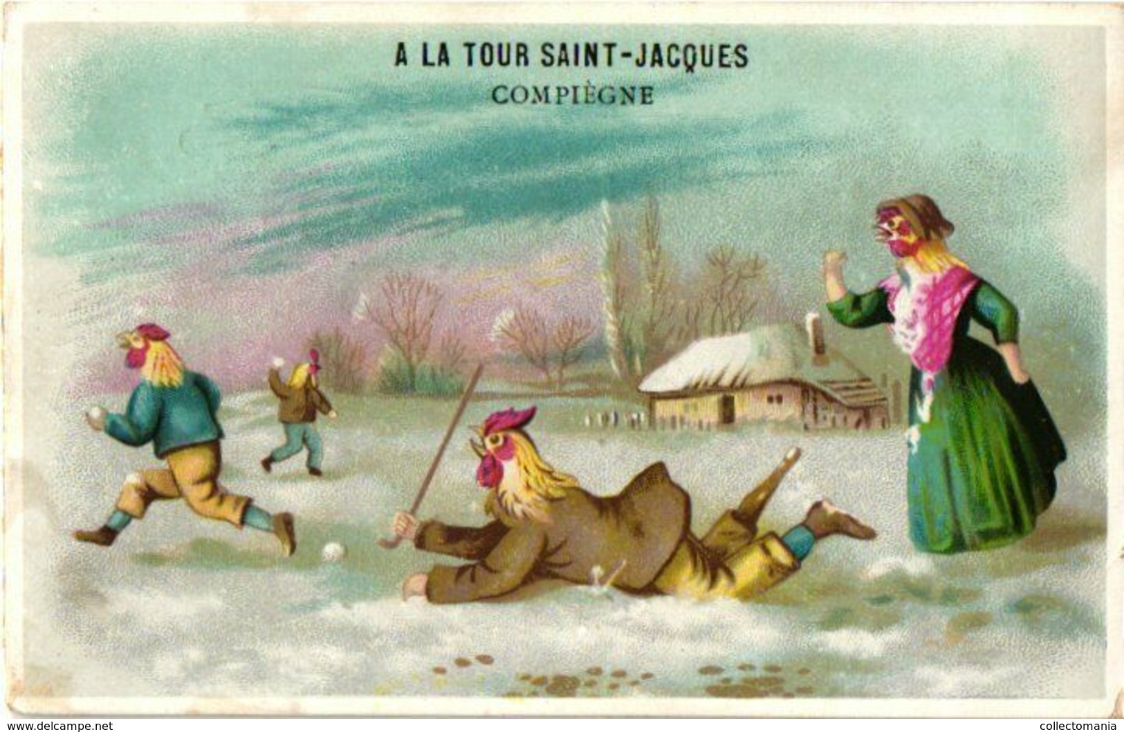 4 Cards C1880 Anthropomorph Dressed Chicken Cock Rooster Chromo Litho ART 12cm X 7,6cm Snow Ice Sledge Slee Football - Sports D'hiver