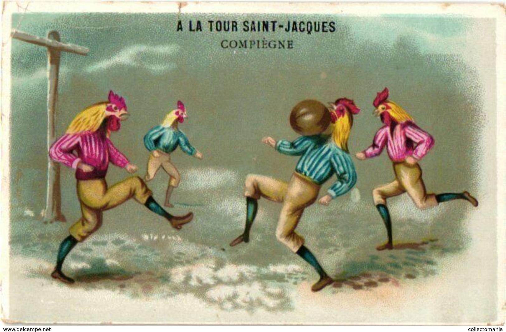 4 Cards C1880 Anthropomorph Dressed Chicken Cock Rooster Chromo Litho ART 12cm X 7,6cm Snow Ice Sledge Slee Football - Winter Sports
