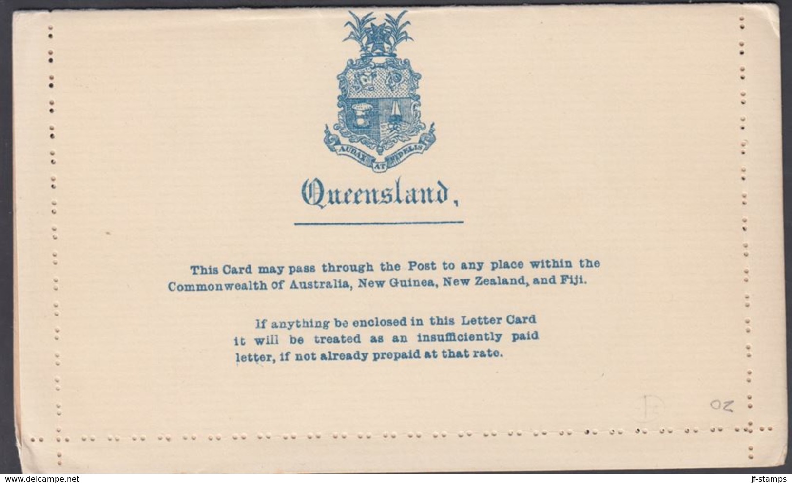 1890. QUEENSLAND AUSTRALIA  TWO PENCE LETTER CARD VICTORIA. This Card May Pass Throug... () - JF321614 - Covers & Documents