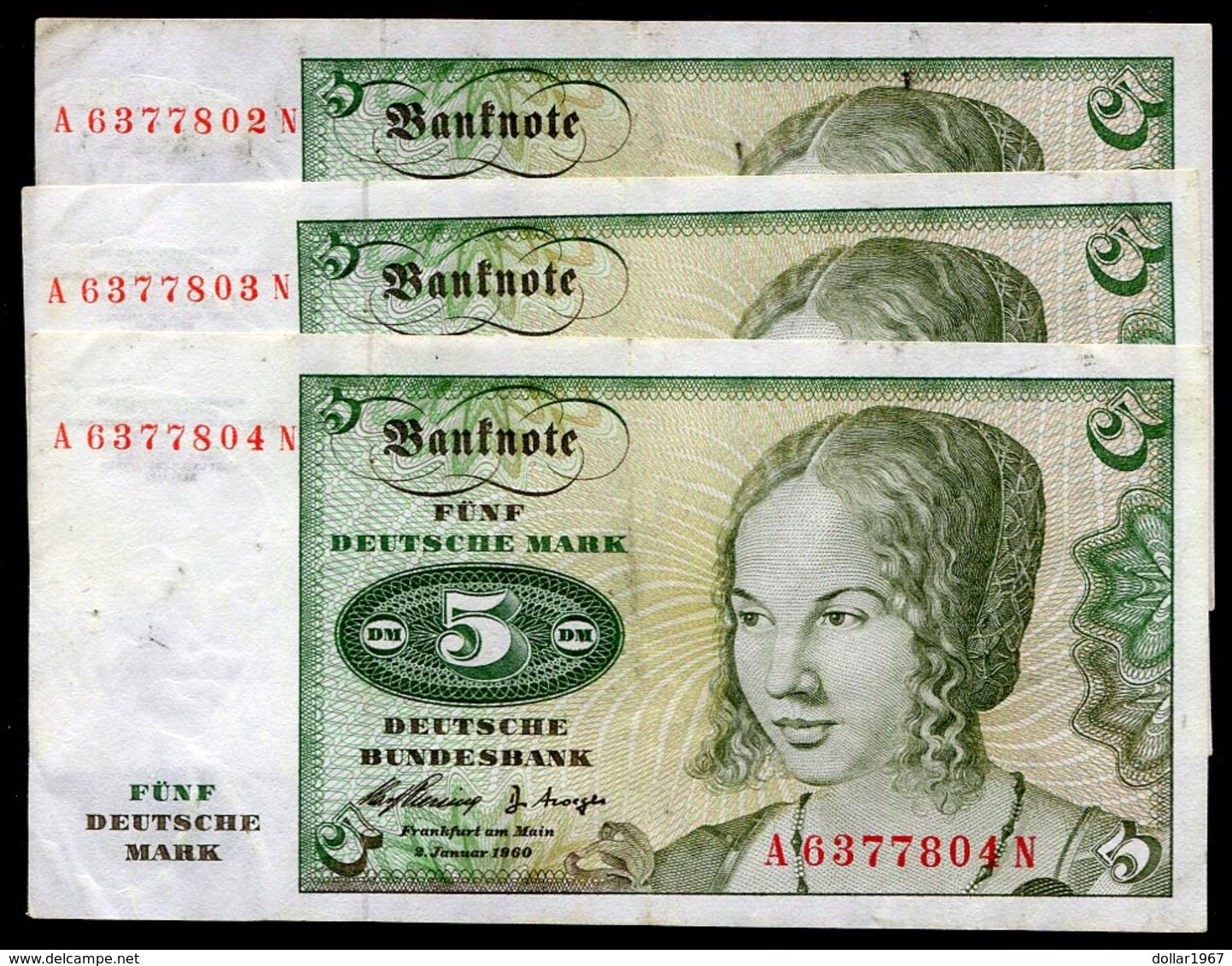 3 X 5 Dm / Deutsche Mark / Bundesbanknote - 2-1-1960. A - See The 2 Scans For Condition.(Originalscan ) - 5 Deutsche Mark