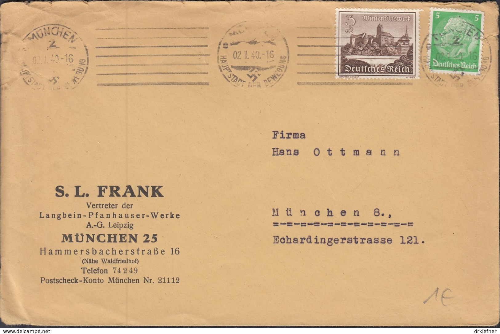 DR 515, 730 MiF Auf Brief Von S. L. Frank, Vertr. Der Langbei-Pfanhauser-Werke Mit Stempel: München 2.1.1940 - Briefe U. Dokumente