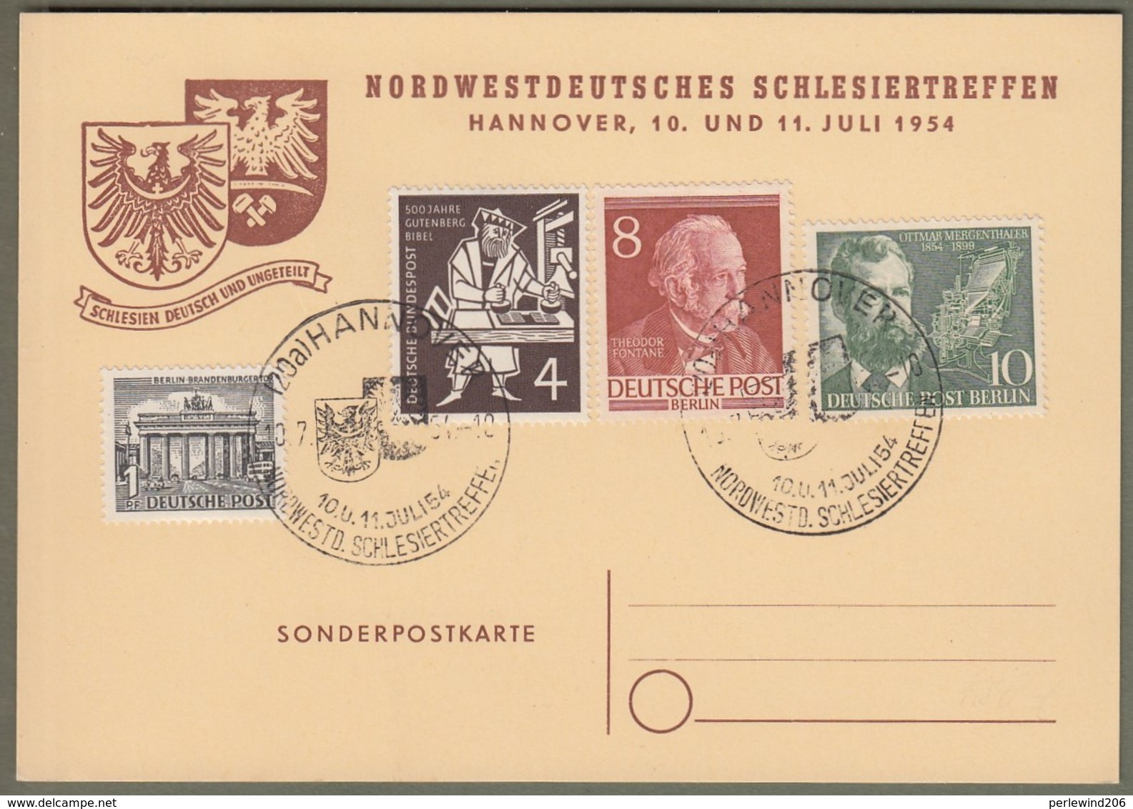 Berlin: Sonderkarte Mit Mi.-Nr.-Nr. 42, 94, 117 U. Bund 198 SST: " Schlesiertreffen 1954 " !    X - Brieven En Documenten