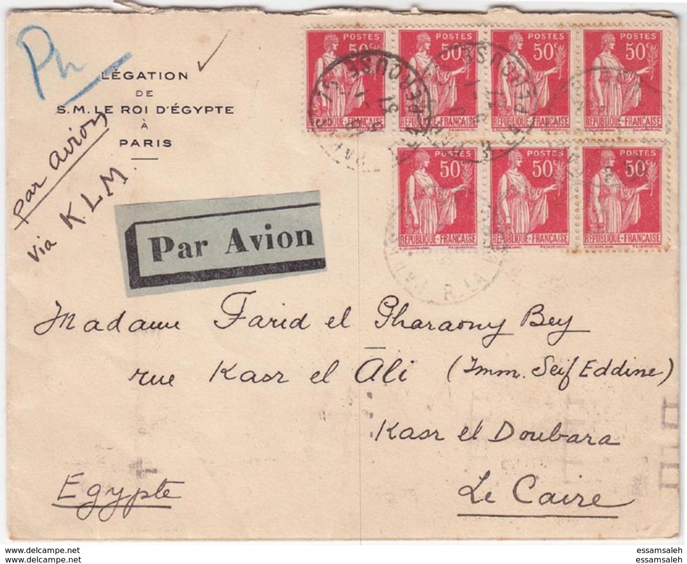 FRS14151 France 1937 Airmail P.T.P.O. Cover Franking 6*.50F Peace W/ French Slogan Addressed Egypt - Storia Postale