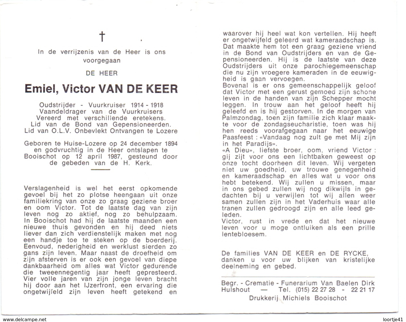 Devotie Doodsprentje Overlijden - Oudstrijder Emiel Van De Keer - Huise Lozere 1894 - Booischot 1987 - Décès