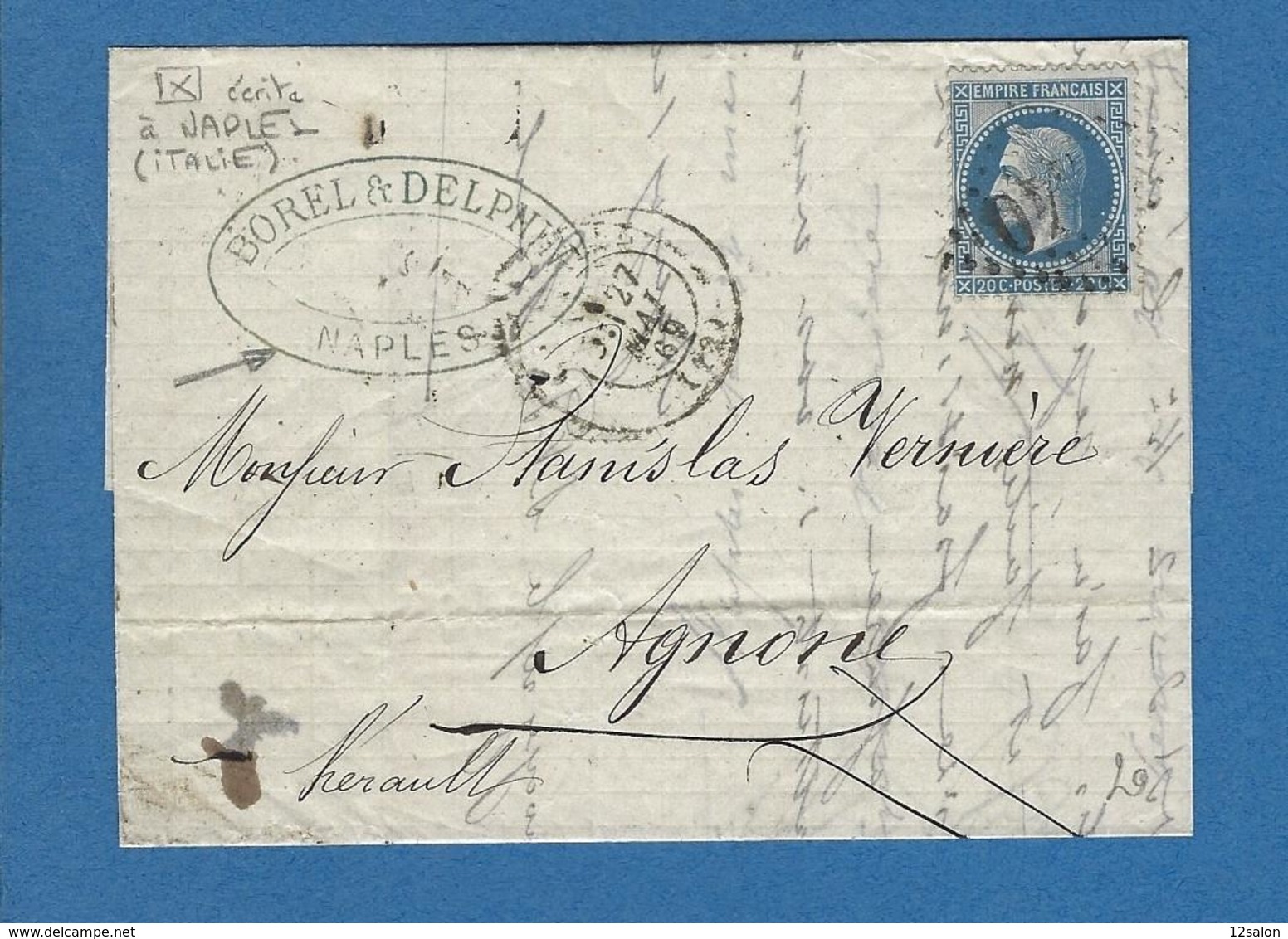 BOUCHES DU RHONE MARSEILLE  ACHEMINEUR 1869 écrite à NAPLES - Posta Marittima