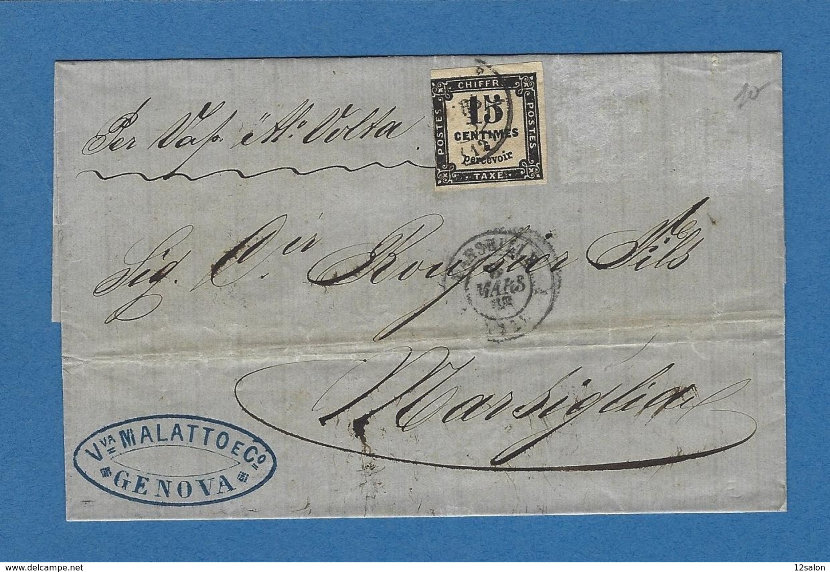 BOUCHES DU RHONE MARSEILLE  ACHEMINEUR 1868 écrite à GENES Timbre Taxe 15 - Schiffspost