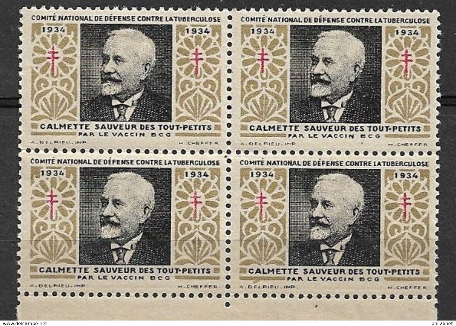 France Vignette Bloc De 4 Timbres Contre La Tuberculose 1934  Calmette  Neufs  * * TB   - Tegen Tuberculose