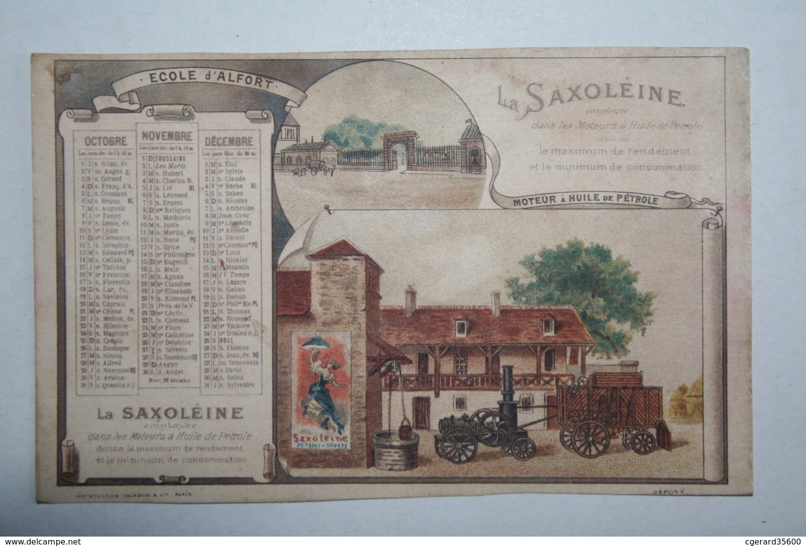 Calendrier - La Saxoleine  Pétrole De Sureté -- Ecole D'Alfort   ( Coupé En  Bas  ) - Petit Format : ...-1900