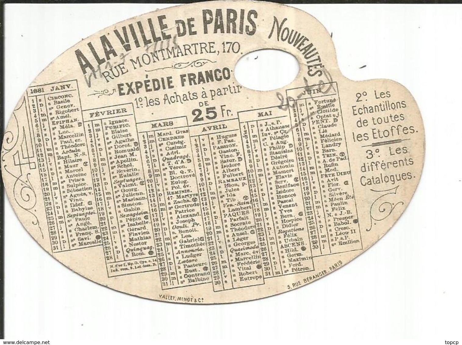 CALENDRIER 1881 (petite Coupure Au Niveau De PARIS) - Petit Format : ...-1900