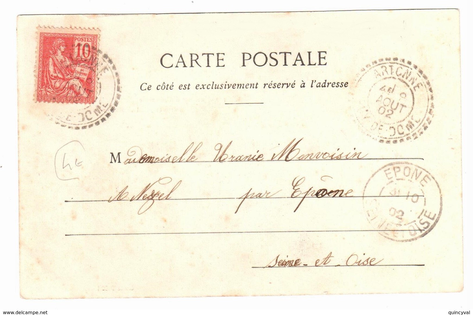 ARTONNE Puy De Dôme Carte Postale Dest EPONE Seine Et Oise 10c Mouchon Type II Ob 9 8 1902 FB84 Lautier B2 - Cartas & Documentos