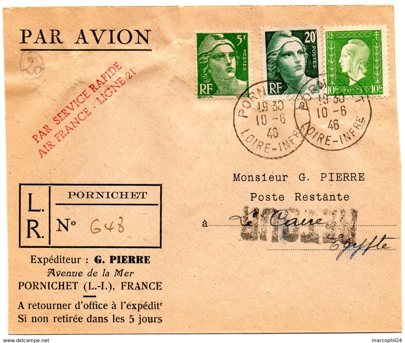 AVION =  44 PORNICHET 1946 = CACHET  A4 + LE CAIRE PAR SERVICE RAPIDE LIGNE 21 / Lettre Recommandée - 1927-1959 Lettres & Documents