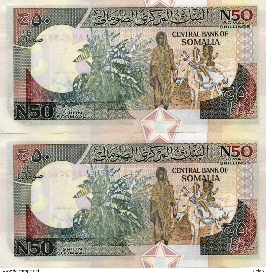 SOMALIA 50 SHILIN SOOMAALI 1991 P-R2a.1  UNC CONSECUTIVE SERIE AF 2066004-5 - Somalia