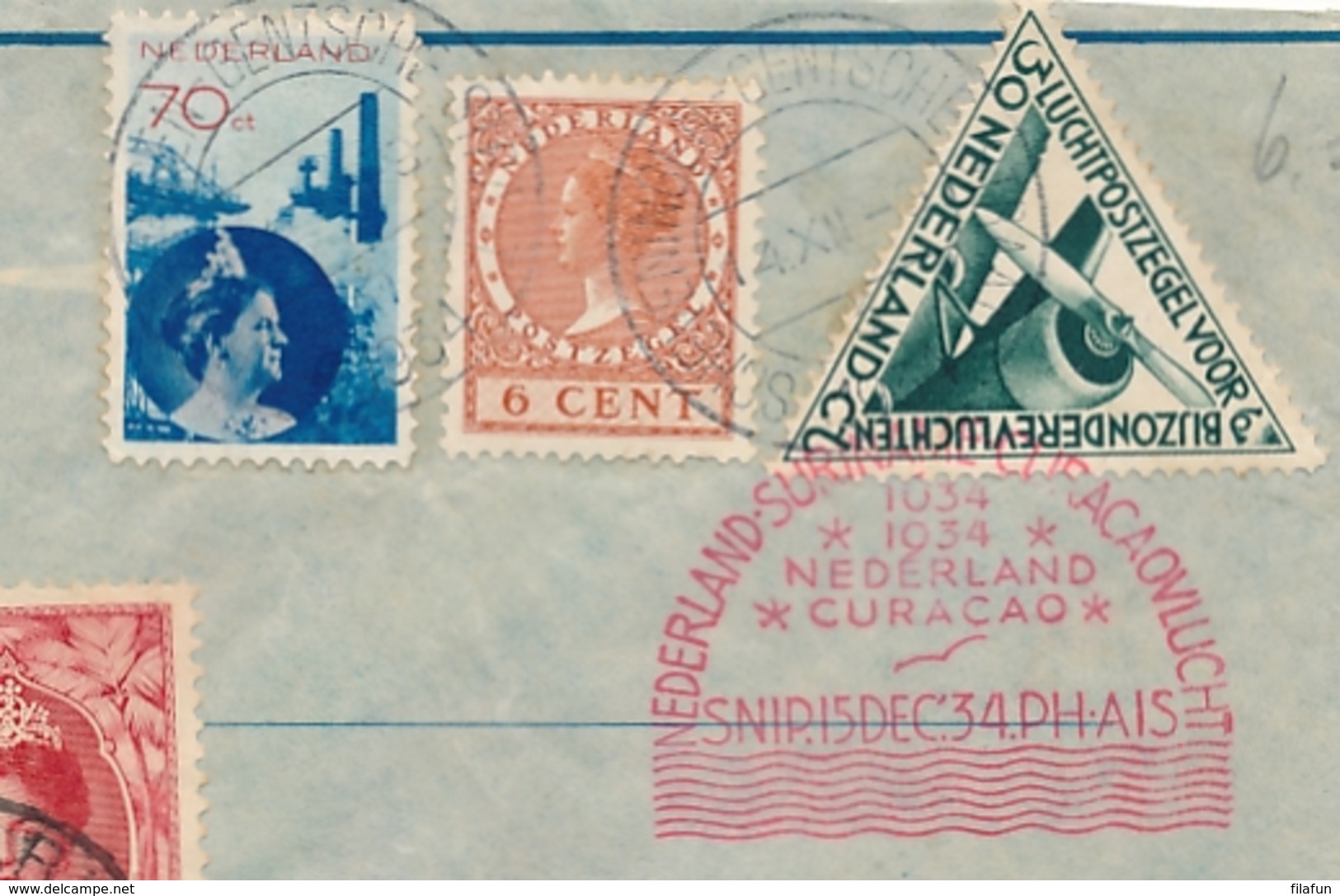 Nederland / Suriname - 1934 - 4 Zegels Op SNIP-vlucht Van Scheveningen-Gentschestraat Naar Paramaribo En Terug - Luftpost