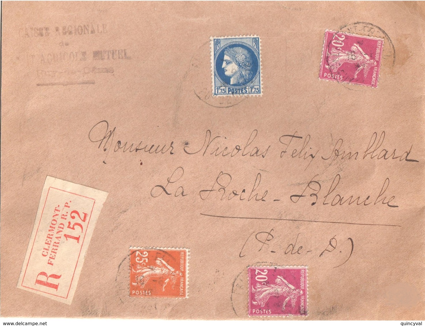 CLERMONT FERRAND Lettre Recommandée Semeuse 20 C Yv 190 25 C Yv 235 Cérés Yv 372 Arrivée Au Verso VEYRE - Lettres & Documents