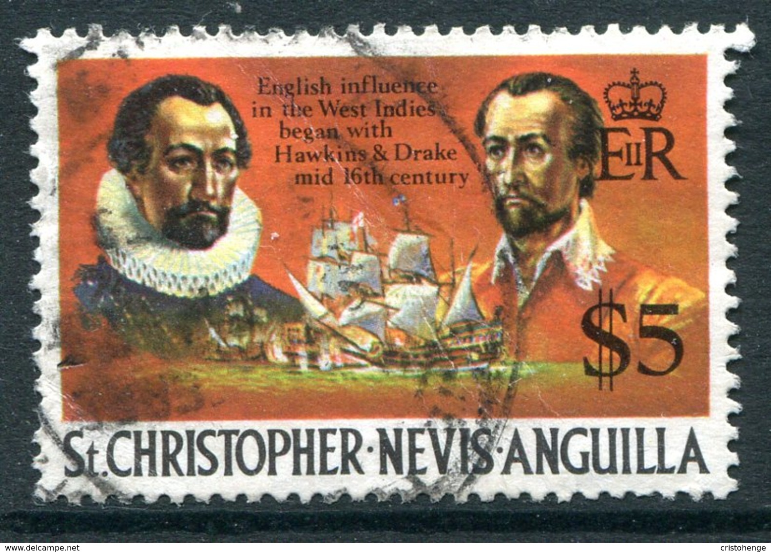 St Kitts, Nevis & Anguilla 1970-74 Pirates - $5 Drake And Hawkins Used (SG 221) - St.Christopher-Nevis & Anguilla (...-1980)
