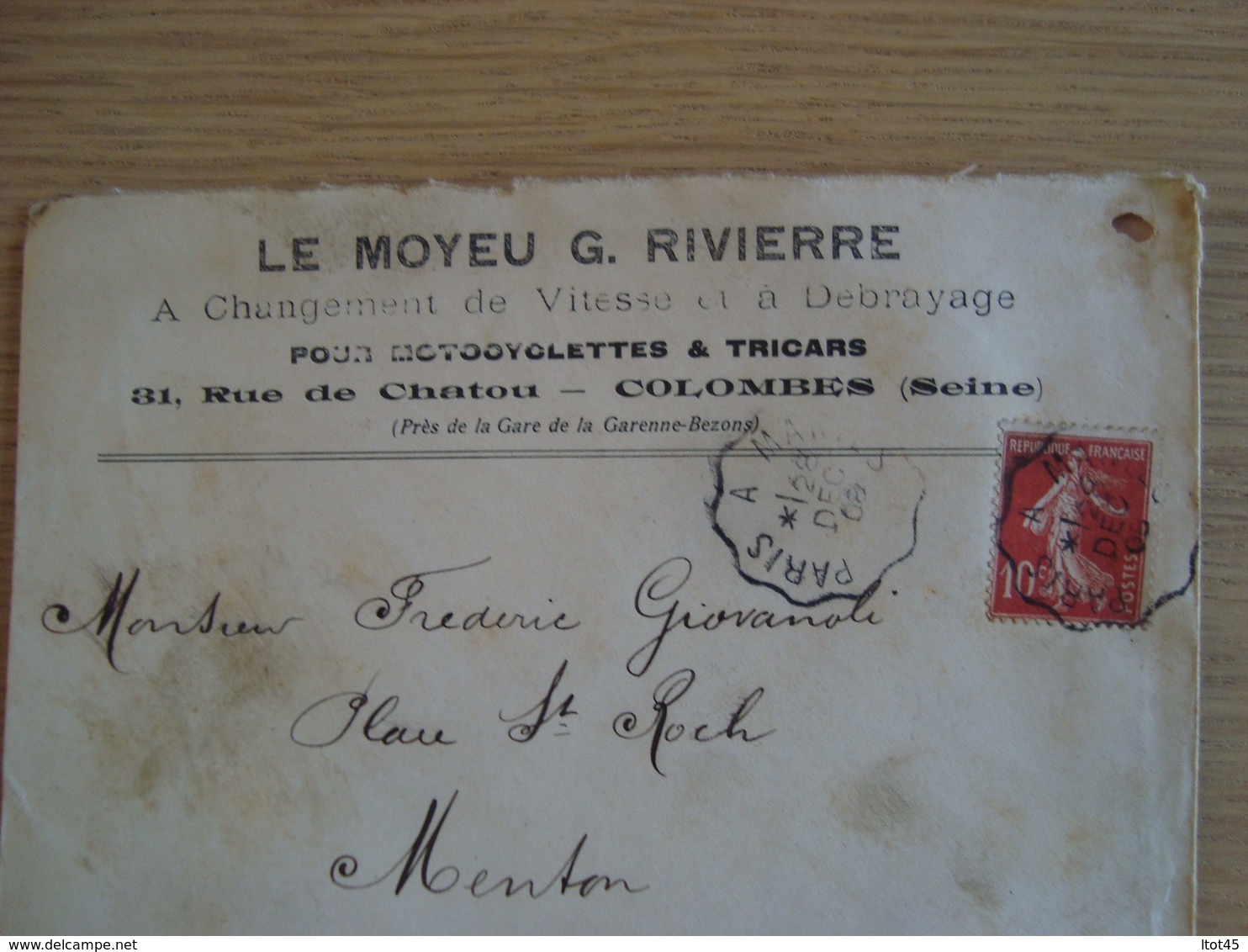 ENVELOPPE  + LETTRE G. RIVIERE AUTOMOBILES & MOTEURS LA GARENNE-COLOMBES 1908 - 1877-1920: Semi-moderne Periode