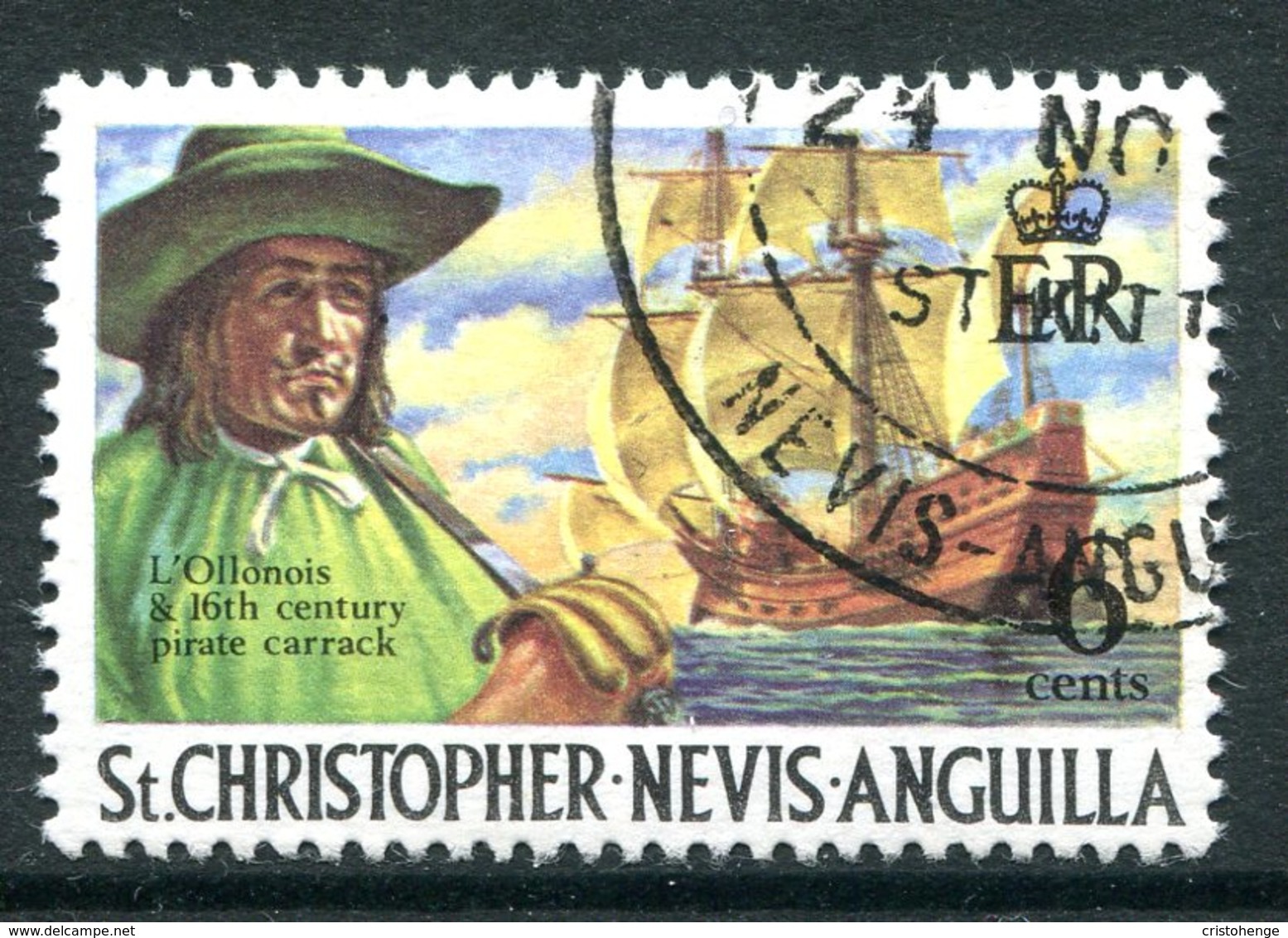 St Kitts, Nevis & Anguilla 1973-74 Pirates - New Wmk. - 6c L'Ollonois & Pirate Carrack Used (SG 273) - St.Christopher-Nevis & Anguilla (...-1980)