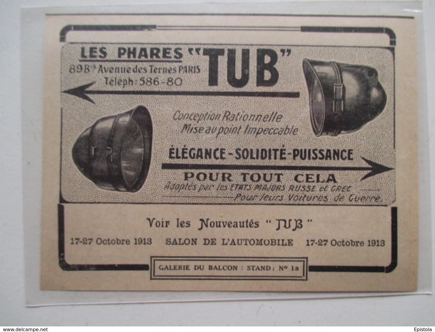 Voiture Publicité -  Phare Projecteur Automobile De Guerre D TUB (Salon De L'automobile)   -  Coupure De Presse De 1913 - Projektoren