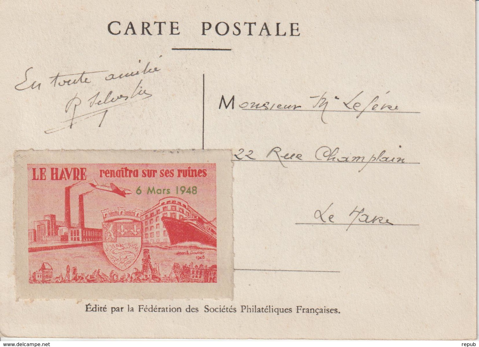 France Carte Maximum 1948 Journée Du Timbre Le Havre 794 Vignette Au Verso - 1940-1949