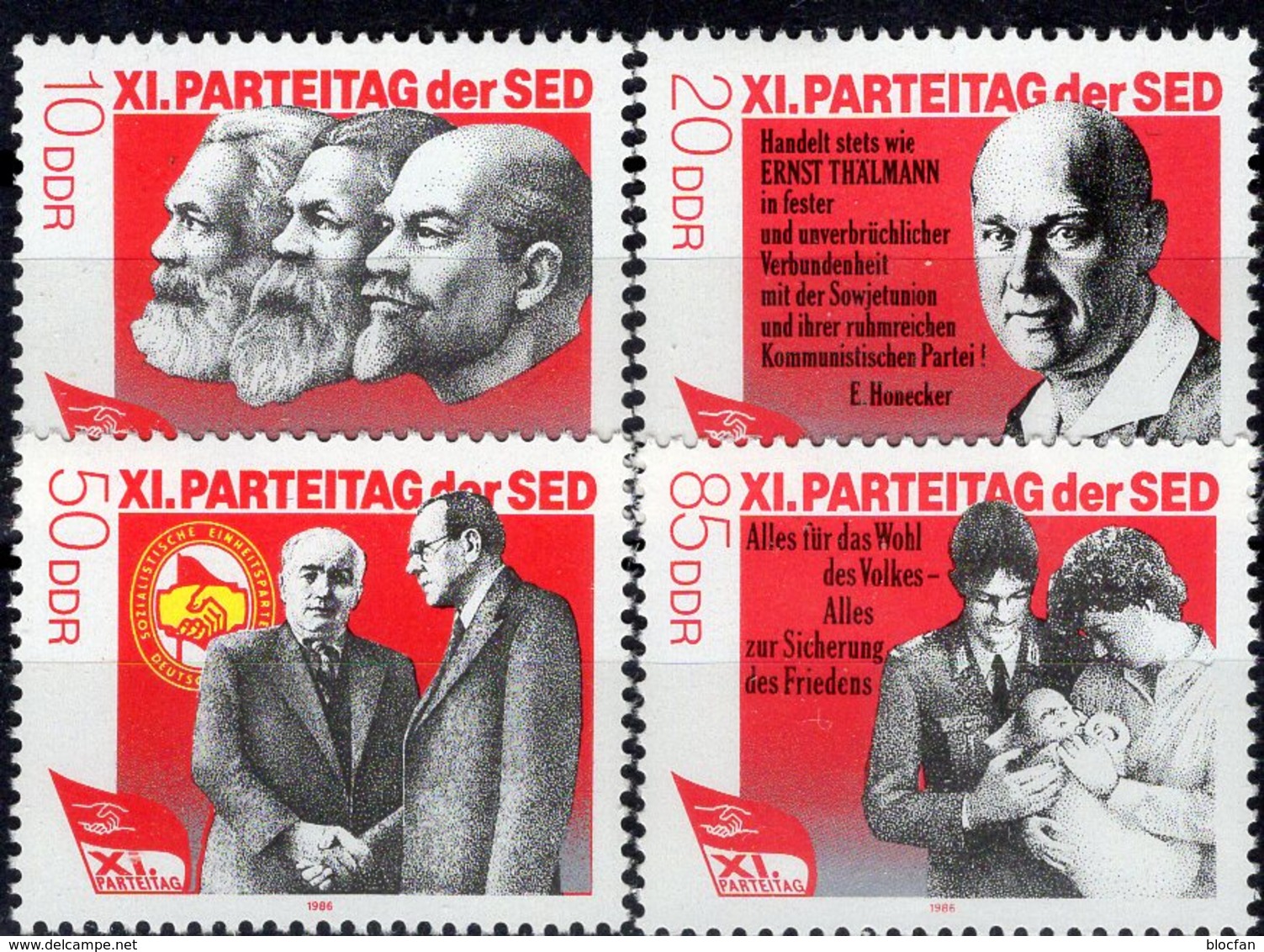 Karl Marx/Engels 1986 DDR 3009/2 ** 2€ Zu Bl.83 Parteitag Lenin Thälmann Pieck Bau-Arbeiter Bloc Set Of GDR Germany - Karl Marx