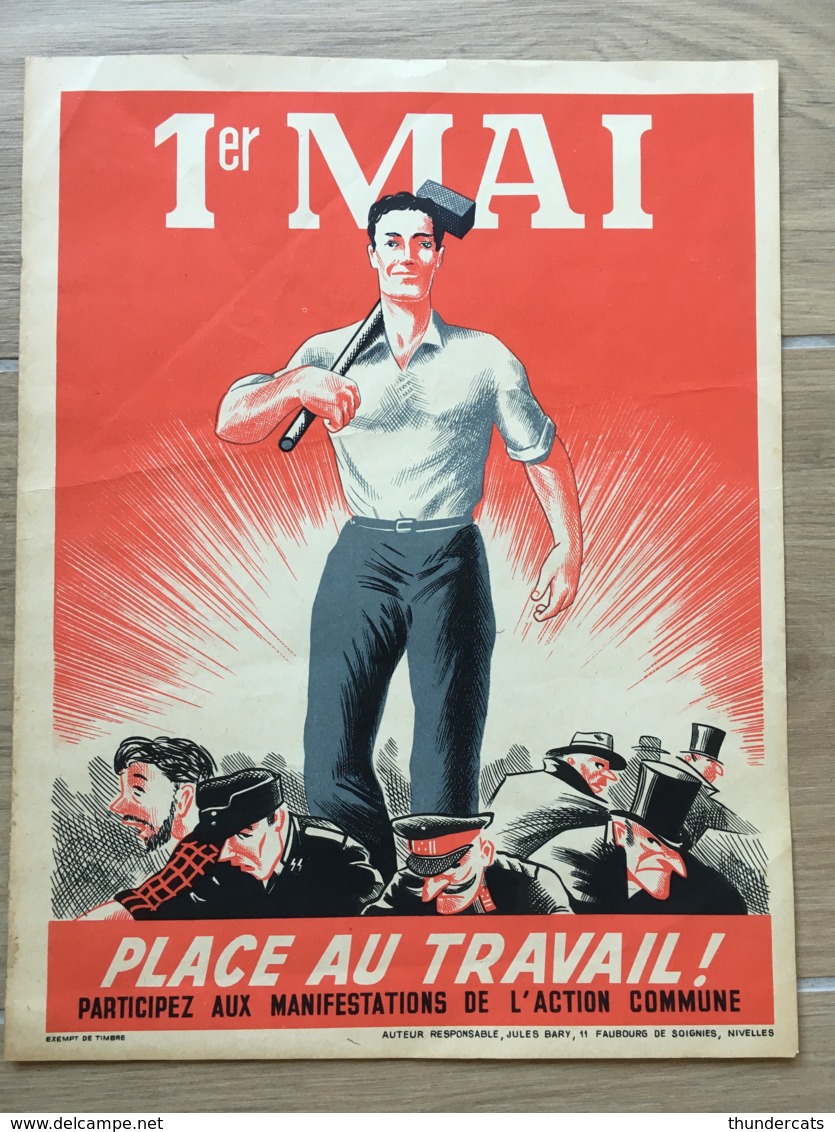 AFFICHE POSTER 1 ER MAI JULES BARY NIVELLES NIJVEL PLACE AU TRAVAIL 31 CM X 24 CM - Affiches