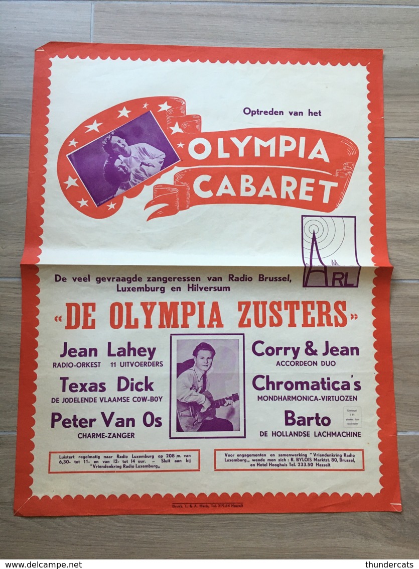 AFFICHE POSTER OLYMPIA CABARET RADIO BRUSSEL ZUSTERS JEAN LAHEY TEXAS DICK PETER VAN OS HASSELT 64 X 49 MIST HOEKJE - Affiches
