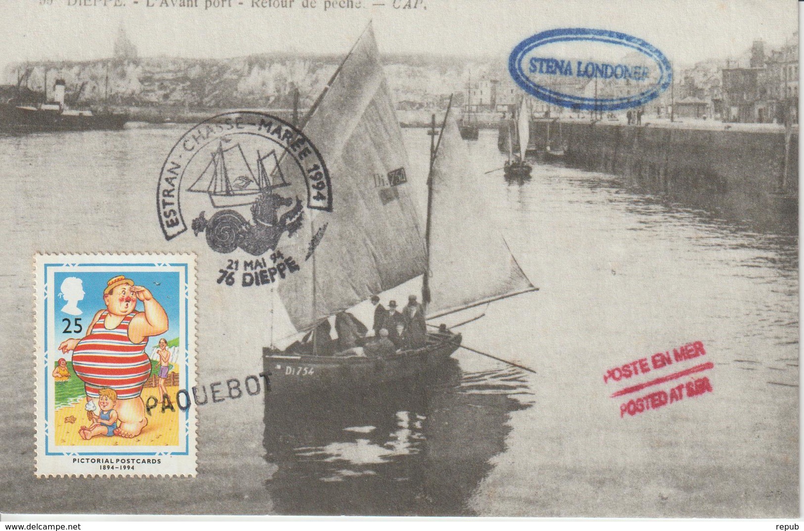 Carte Avec Oblitération Paquebot Sur Timbre Anglais Dieppe 1994 - Maritime Post