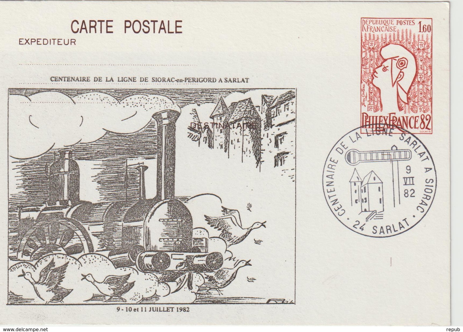 France Entier Repiqué Thème Ferroviaire Sarlat 1982 - Overprinter Postcards (before 1995)