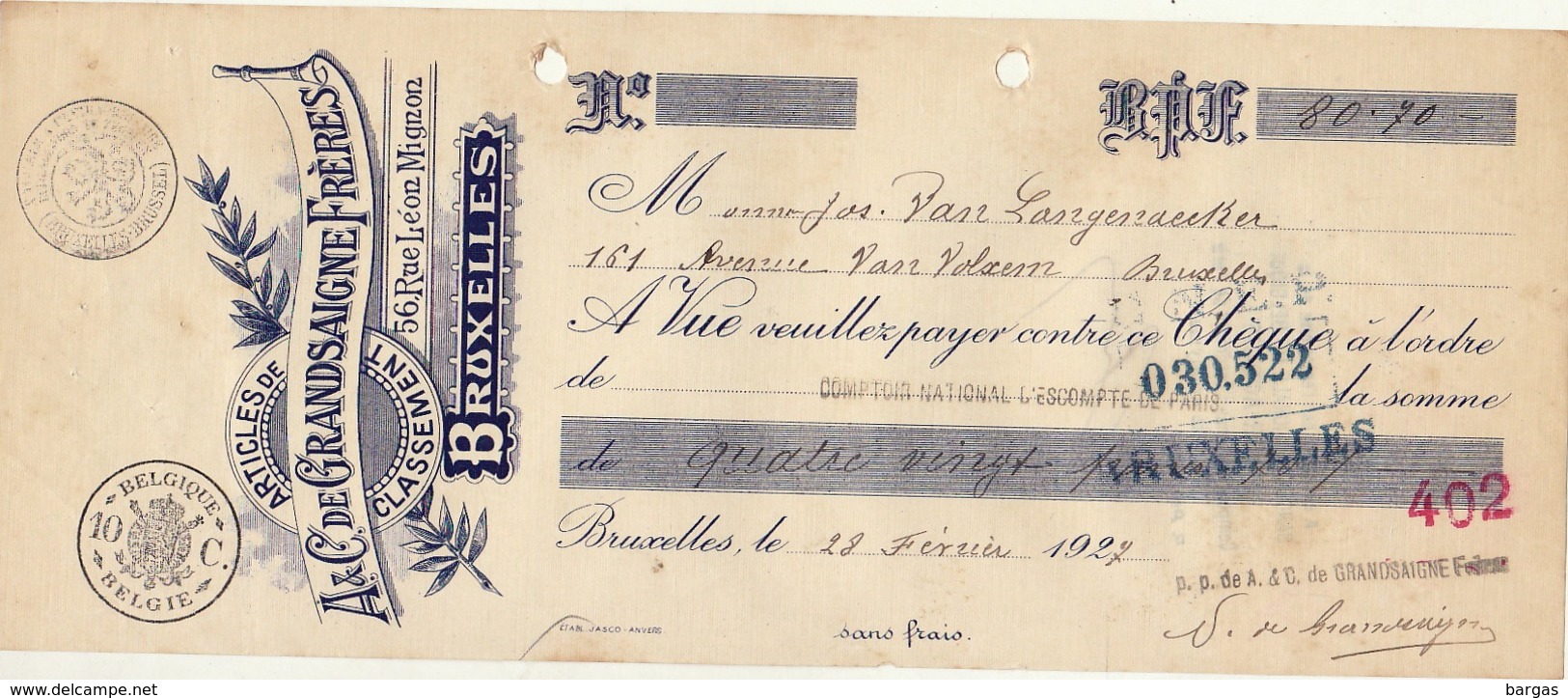 Document Papeterie Bureau Grandsaigne à Bruxelles - 1900 – 1949