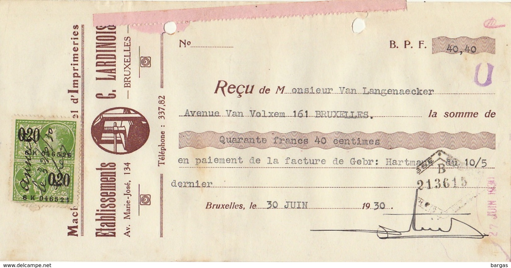 Document Imprimerie Machine Et Matériel Lardinois à Bruxelles - 1900 – 1949