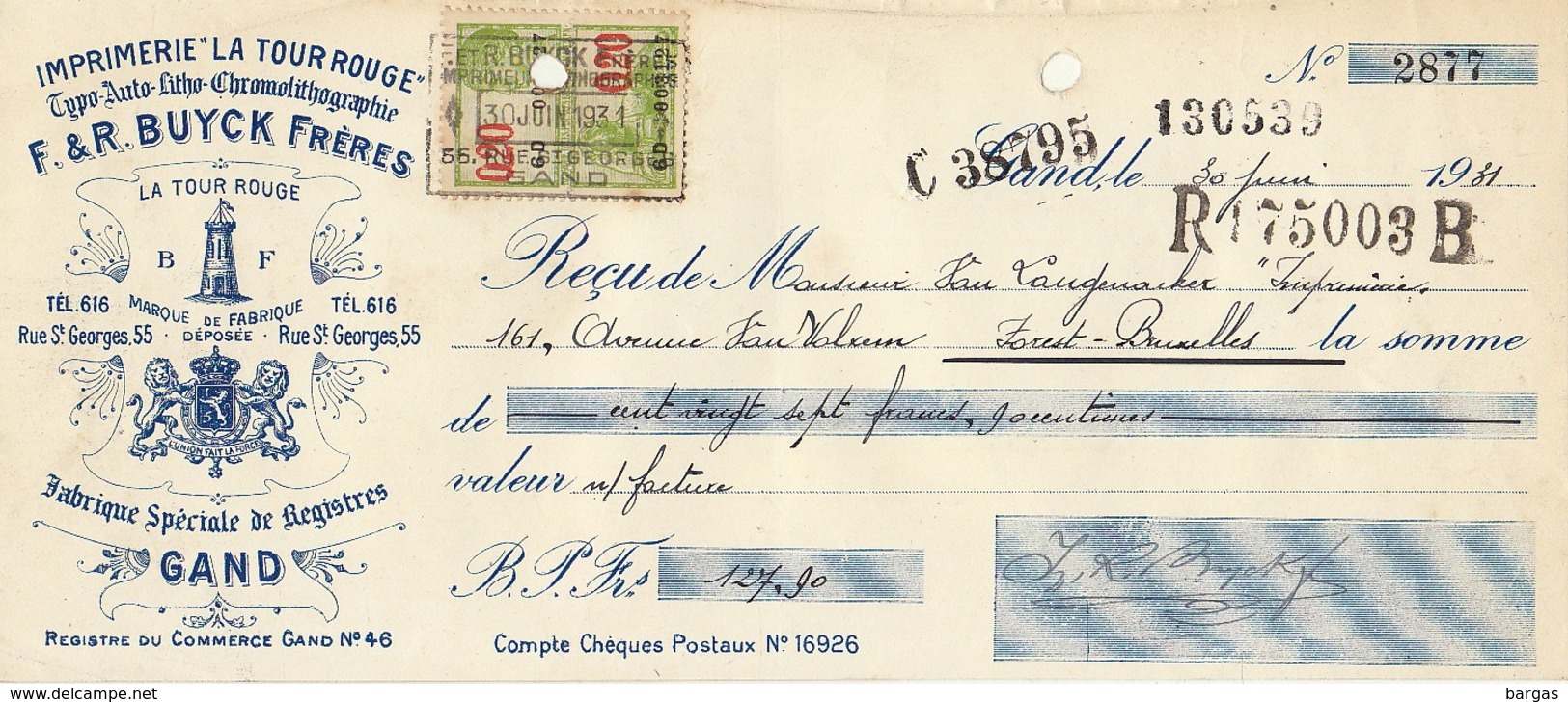Document Imprimerie Lithographie Buyck La Tour Rouge à Gand - 1900 – 1949