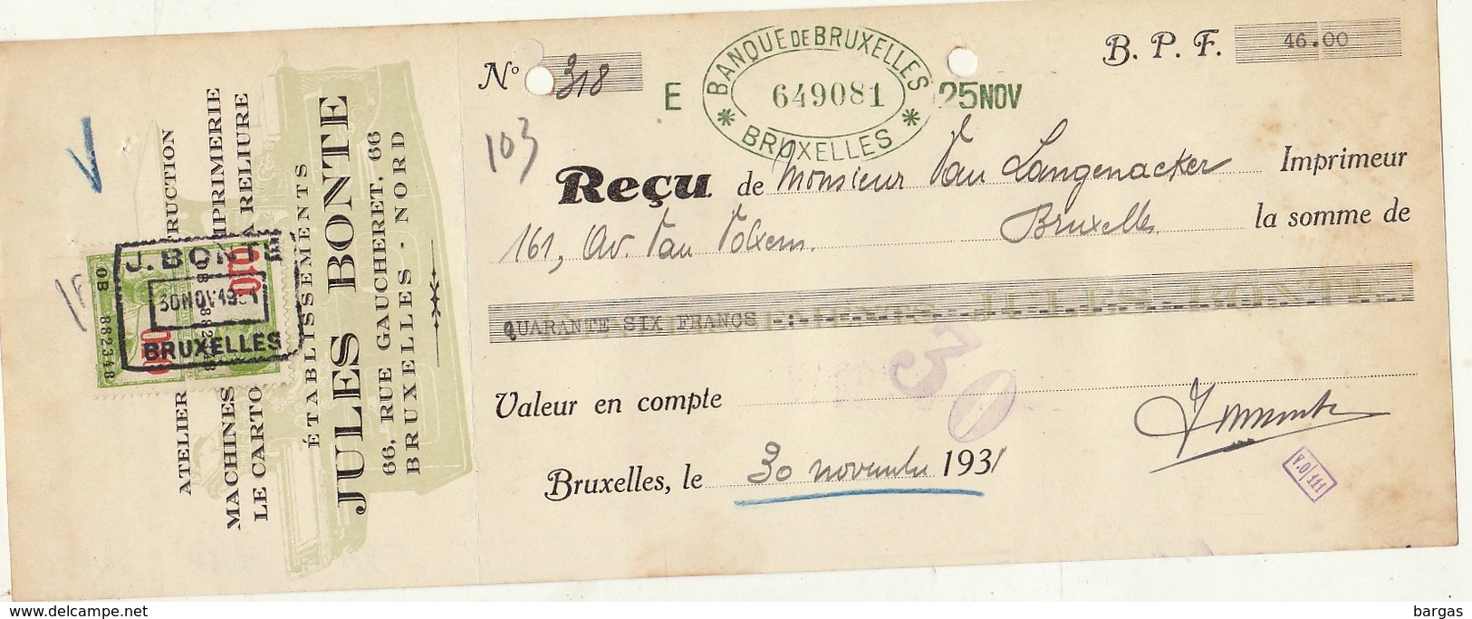 Document Imprimerie Machine Et Matériel Bonte à Bruxelles - 1900 – 1949