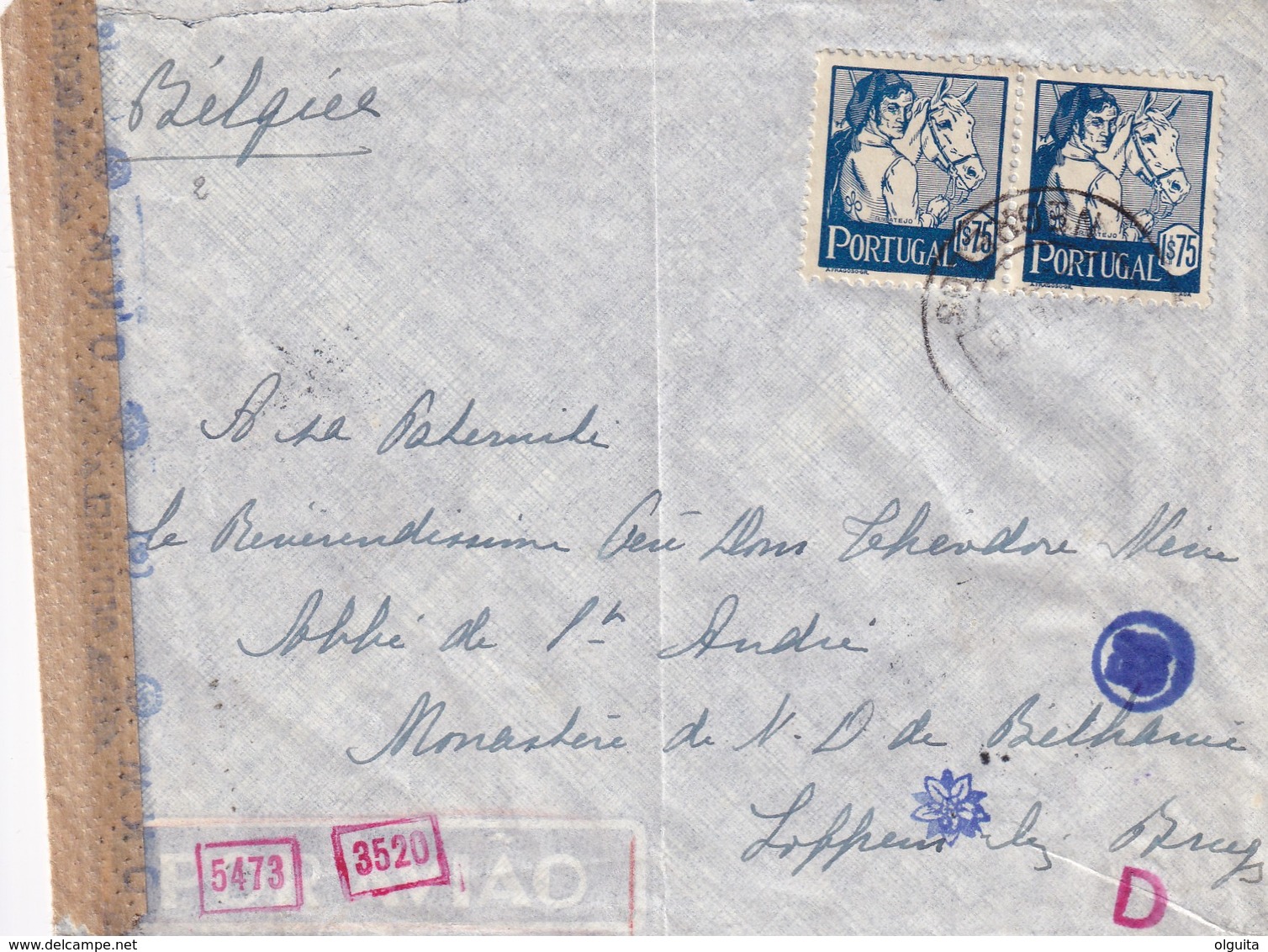 DDW787 - Lettre Du Portugal 1943 Vers LOPPEM Lez BRUGES - Diverses Censures Allemandes , Dont Fleur Et Lettre D Rouge - Guerre 40-45 (Lettres & Documents)