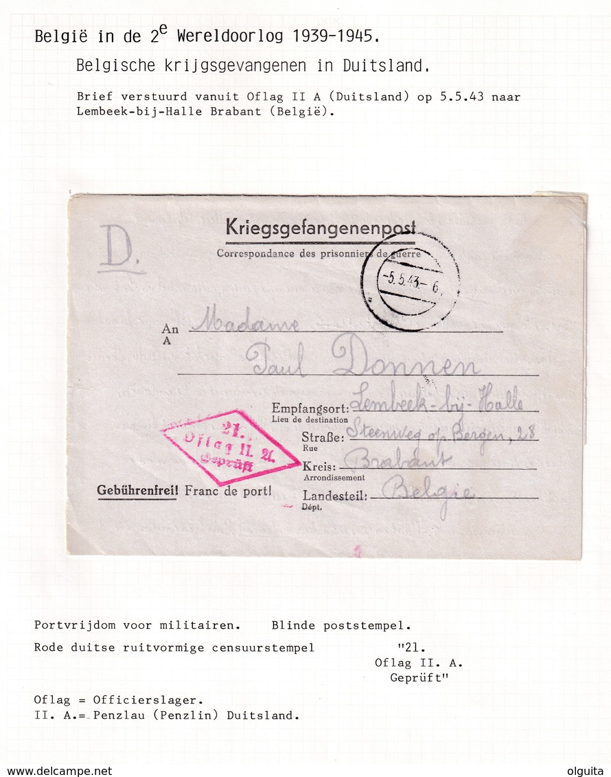 DDW788 - Formule De Prisonnier 1943 Vers LEMBEEK Lez HALLE - Cachet OFLAG II ( Penzlau ) - Guerre 40-45 (Lettres & Documents)