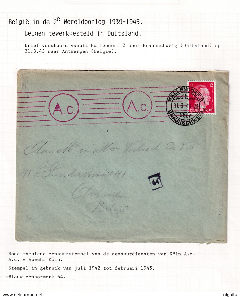 DDW796 - TRAVAILLEURS CIVILS BELGES En Allemagne - LettreTP Hitler 1943 - Lager 8 HALLENDORF - Guerre 40-45 (Lettres & Documents)