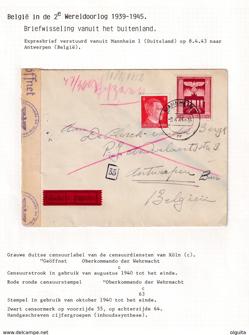 DDW798 - TRAVAILLEURS CIVILS BELGES En Allemagne - Lettre XP TP Hitler MANNHEIM 1943 - Boot Franz Haniel - Guerre 40-45 (Lettres & Documents)