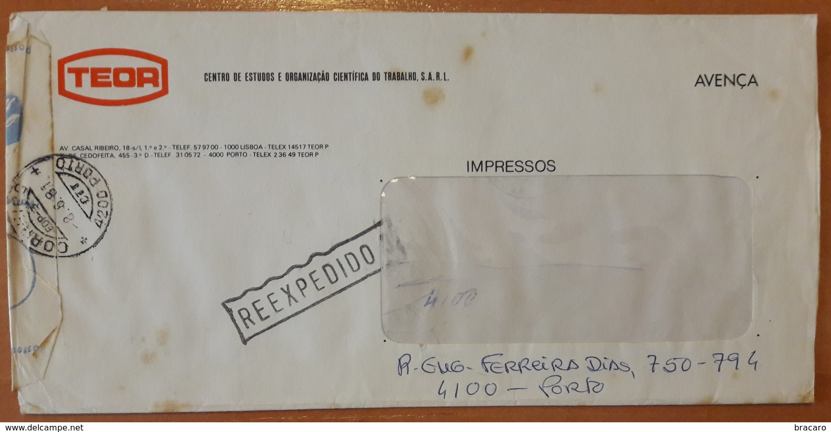 Portugal - COVER - Franchise / AVENÇA - Cancel: Porto EDP-3 + Reexpedido (1981) - TEOR - Covers & Documents